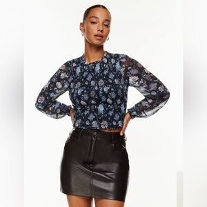 Aritzia Wilfred Tempest Smocked Navy Floral Blouse Sheer Sleeves Romantic Top